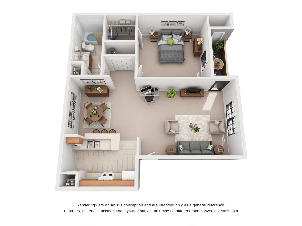 Floor plan for 1 bed, 1 bath, 672 sqft